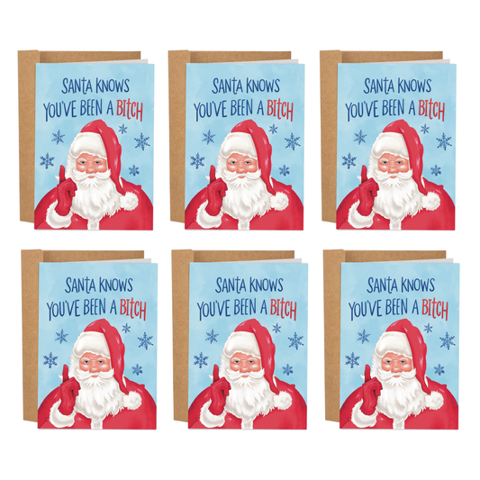 Six identical cards with Santa Claus and humorous text on a white background