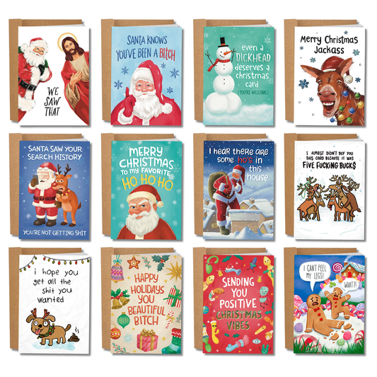 Collection of Christmas cards with various designs and text.