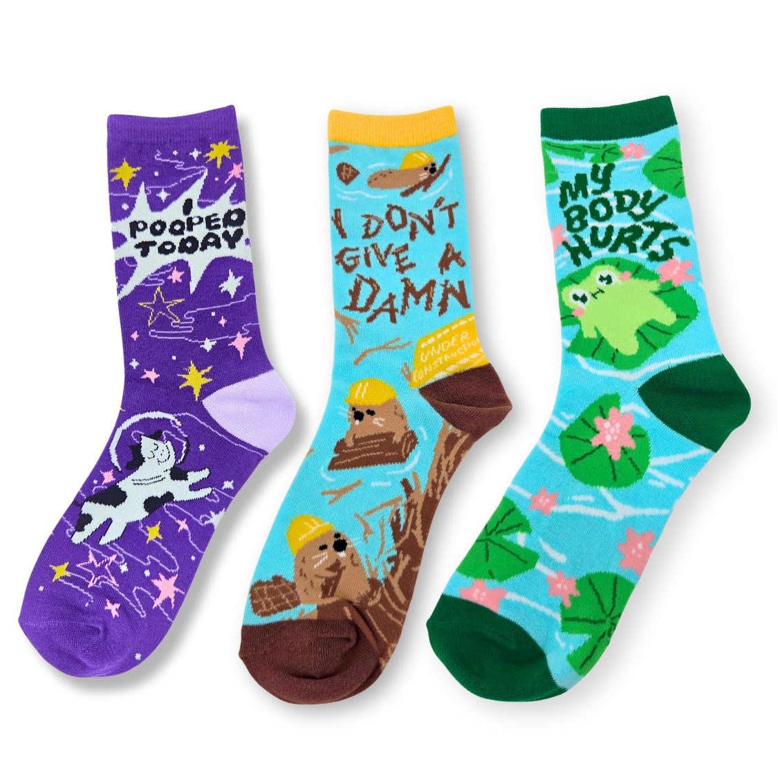 Silly socks featuring, "I pooped today", "I don't give a damn", and "my body hurts", hilarious sock designs