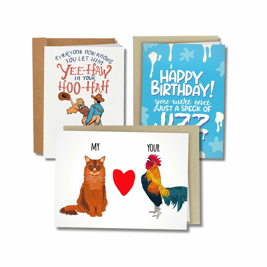 three of sleazy greeting's naughty greeting cards