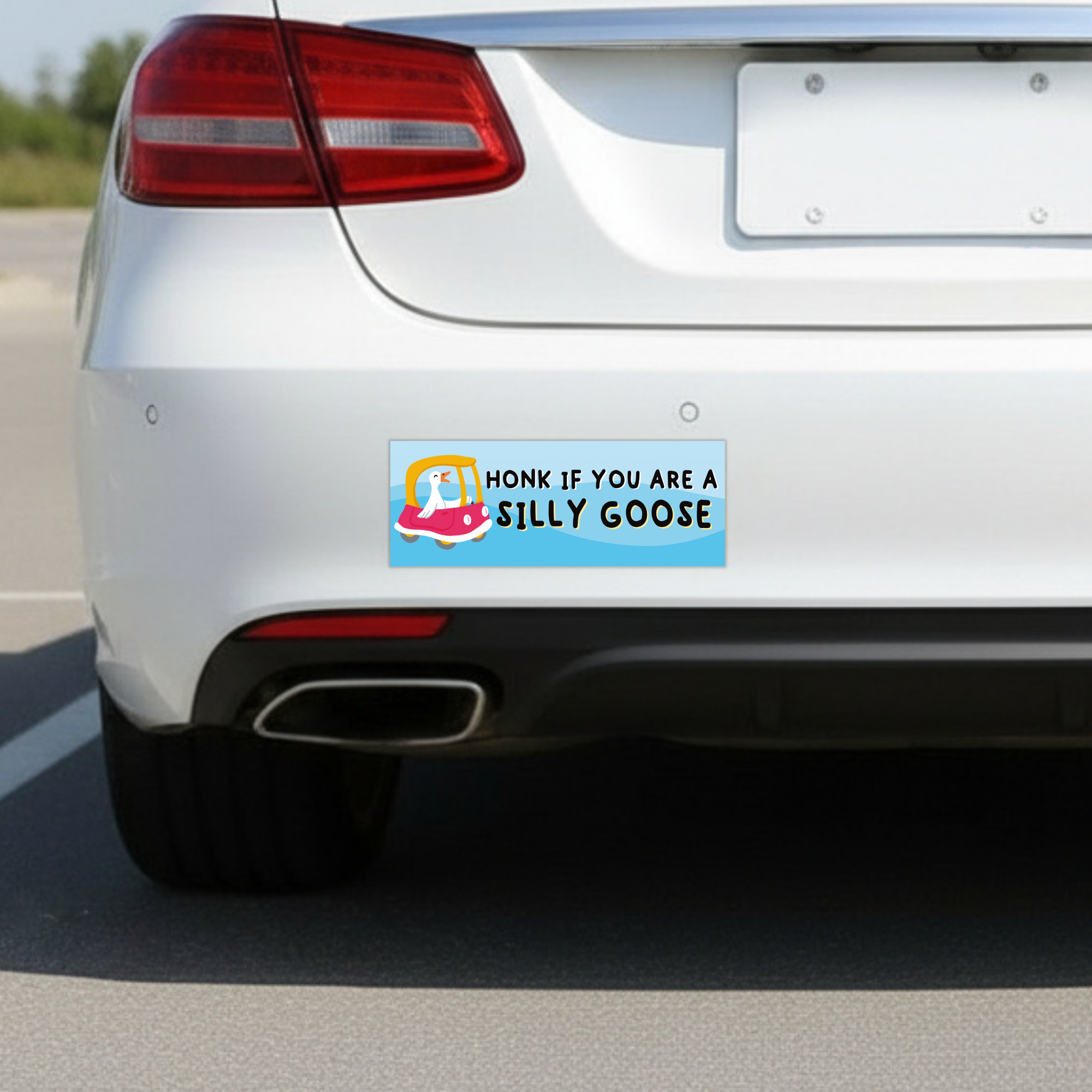 Sleazy Greetings funny bumper magnet displayed on the back of a white car featuring the phrase ‘Honk If You Are A Silly Goose’ in playful black lettering on a pastel blue background with a cute cartoon goose driving a pink toy-style car. Humorous novelty car magnet with whimsical goose humor and colorful illustrated design shown in real-life automotive use.