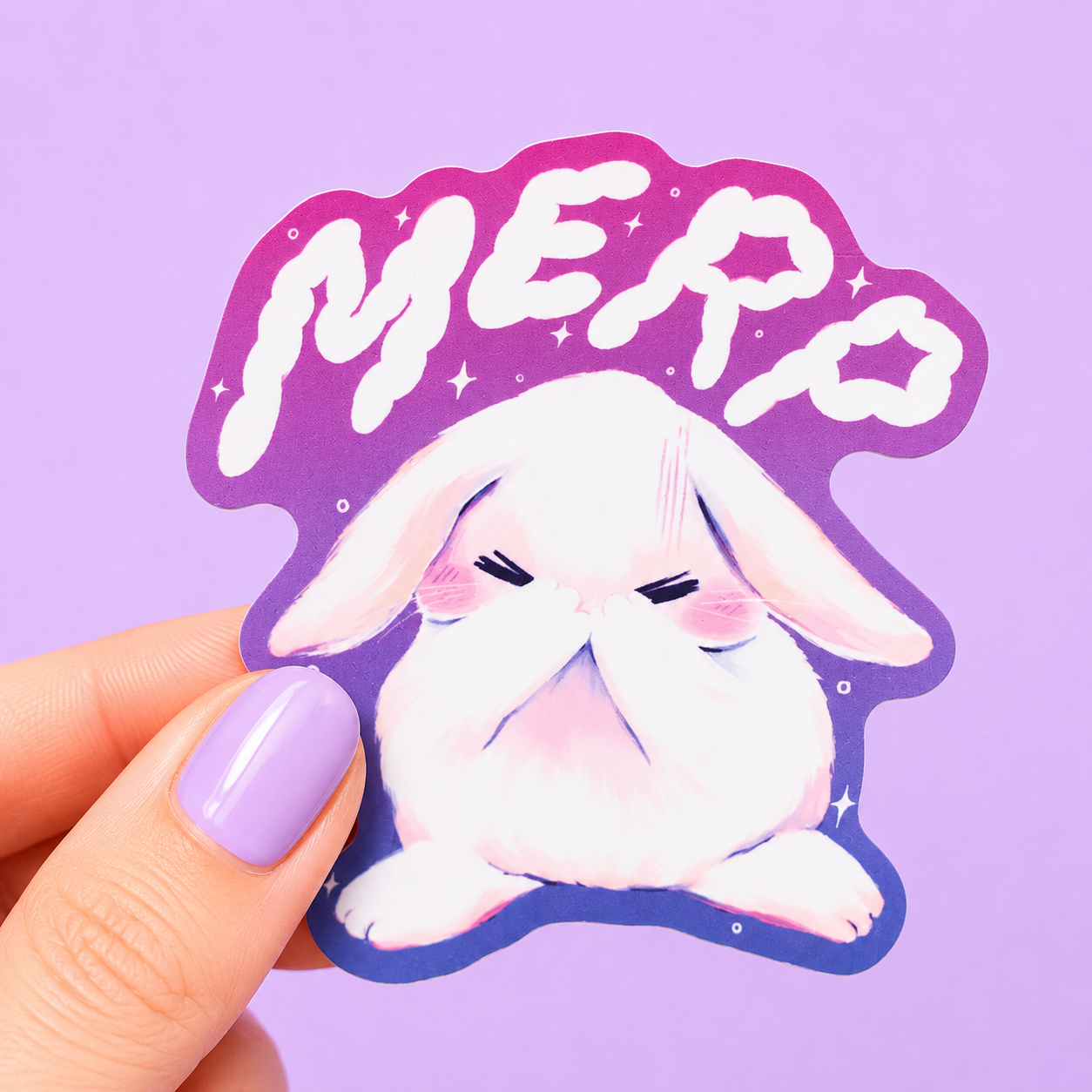 Sleazy Greetings cute die-cut vinyl sticker featuring an embarrassed fluffy bunny covering its face beside the phrase ‘Meh.’ Cozy chaotic animal sticker with soft dreamy pastel artwork, socially exhausted energy, and emotionally overwhelmed little gremlin vibes.