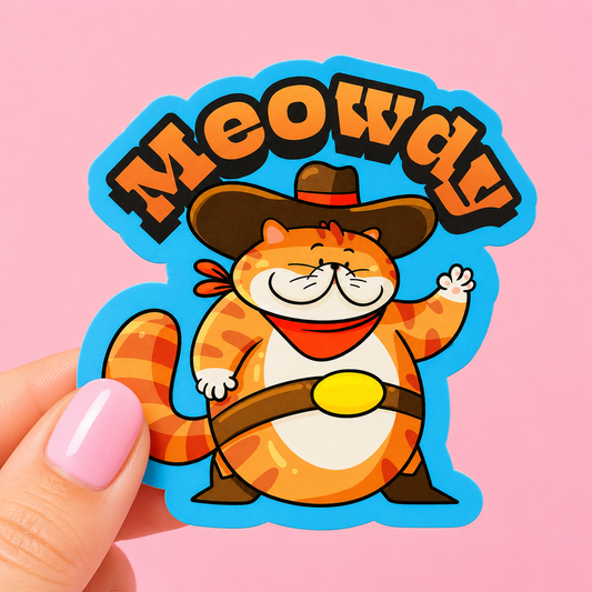 Sleazy Greetings funny die-cut vinyl sticker featuring a chunky cowboy cat waving beside the phrase ‘Meowdy.’ Cute western cat sticker with playful rodeo vibes, bold cartoon artwork, and wholesome yeehaw humor aesthetic.