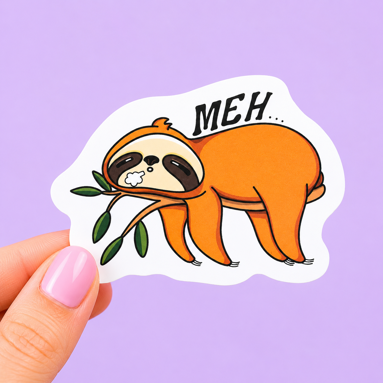 Sleazy Greetings funny die-cut vinyl sticker featuring an exhausted sloth lazily chewing a branch beside the phrase ‘Meh…’ Relatable burnout sticker with cute sleepy animal artwork, low-energy humor, and chaotic emotionally unavailable vibes.