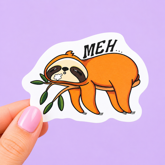 Sleazy Greetings funny die-cut vinyl sticker featuring an exhausted sloth lazily chewing a branch beside the phrase ‘Meh…’ Relatable burnout sticker with cute sleepy animal artwork, low-energy humor, and chaotic emotionally unavailable vibes.