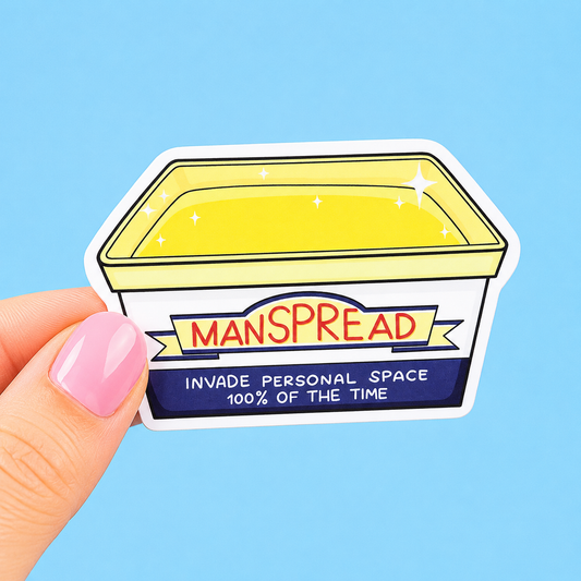 Sleazy Greetings funny die-cut vinyl sticker featuring a parody butter tub labeled ‘Manspread.’ Sarcastic feminist humor sticker with retro grocery packaging vibes, cheeky social commentary, and chaotic passive-aggressive energy.