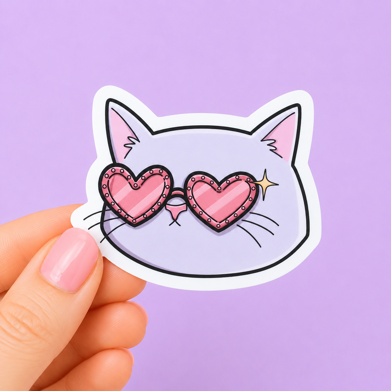Sleazy Greetings cute die-cut vinyl sticker featuring a minimalist cat face wearing sparkly heart-shaped sunglasses. Playful pastel cat sticker with glamorous chaotic energy, retro fashion vibes, and aggressively fabulous little gremlin aesthetics.
