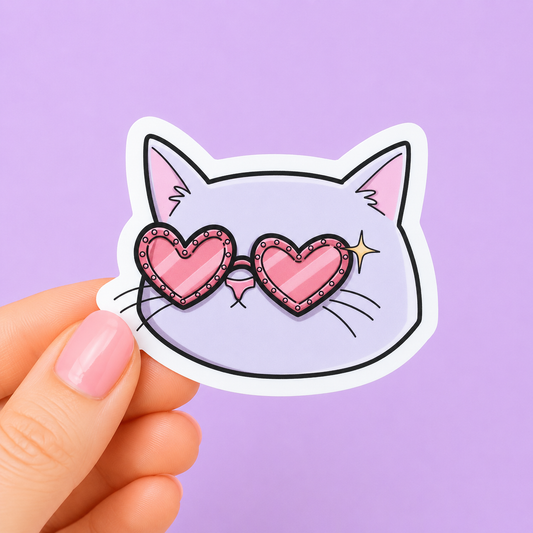 Sleazy Greetings cute die-cut vinyl sticker featuring a minimalist cat face wearing sparkly heart-shaped sunglasses. Playful pastel cat sticker with glamorous chaotic energy, retro fashion vibes, and aggressively fabulous little gremlin aesthetics.