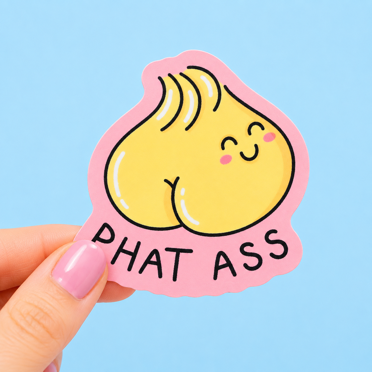 Sleazy Greetings funny die-cut vinyl sticker featuring a cheeky smiling peach beside the phrase ‘Phat Ass.’ Cute chaotic booty pun sticker with playful pastel artwork, goofy confidence energy, and aggressively thicc gremlin vibes.