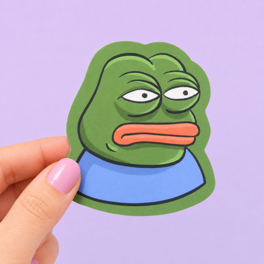 Sleazy Greetings funny die-cut vinyl sticker featuring a sad frog reaction meme with a blank exhausted expression. Relatable meme-inspired sticker with cartoon amphibian artwork, gloomy mood, and chaotic emotionally drained aesthetic.