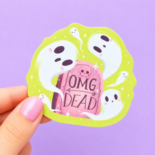 Sleazy Greetings cute die-cut vinyl sticker featuring adorable floating ghosts surrounding a pink tombstone that says ‘OMG Dead.’ Spooky cute pastel sticker with dramatic meme humor, whimsical ghost artwork, and delightfully overreactive haunted gremlin energy.