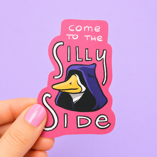 Sleazy Greetings funny die-cut vinyl sticker featuring a duck dressed in a dark hooded cloak with the phrase ‘Come to the Silly Side.’ Cute chaotic sticker with parody sci-fi vibes, playful goose humor, and bold pink background.