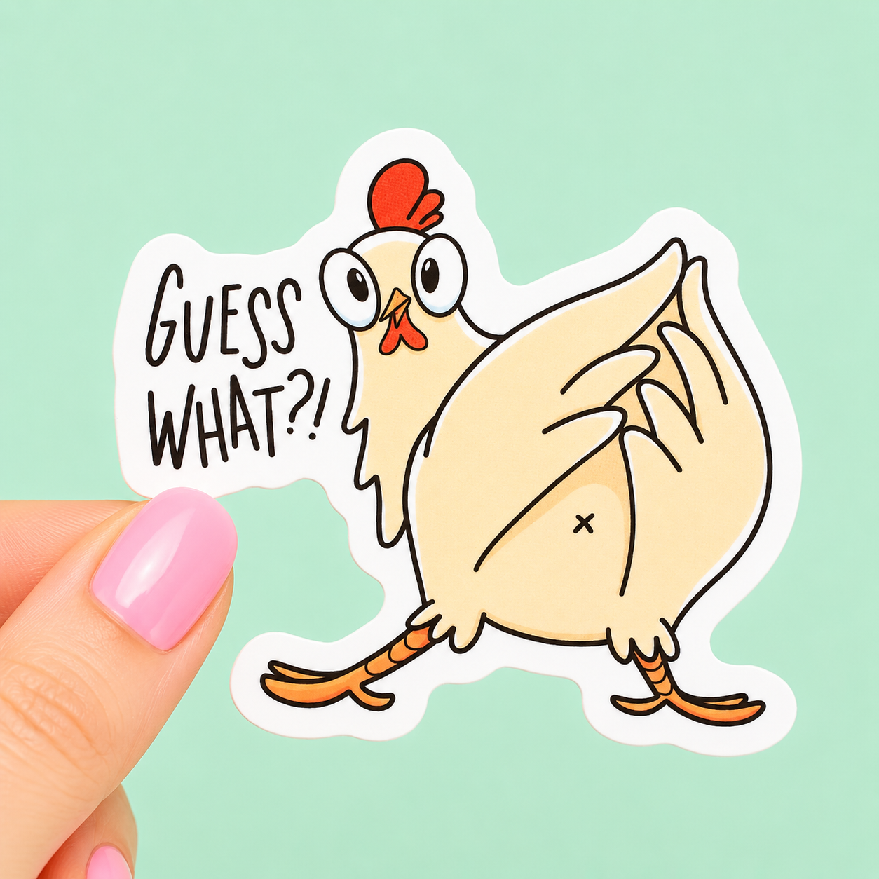 Sleazy Greetings funny die-cut vinyl sticker featuring a chaotic chicken flashing its butt beside the phrase ‘Guess What?!’ Absurd barnyard humor sticker with playful cartoon artwork, aggressively immature gremlin energy, and peak dumb little menace vibes.
