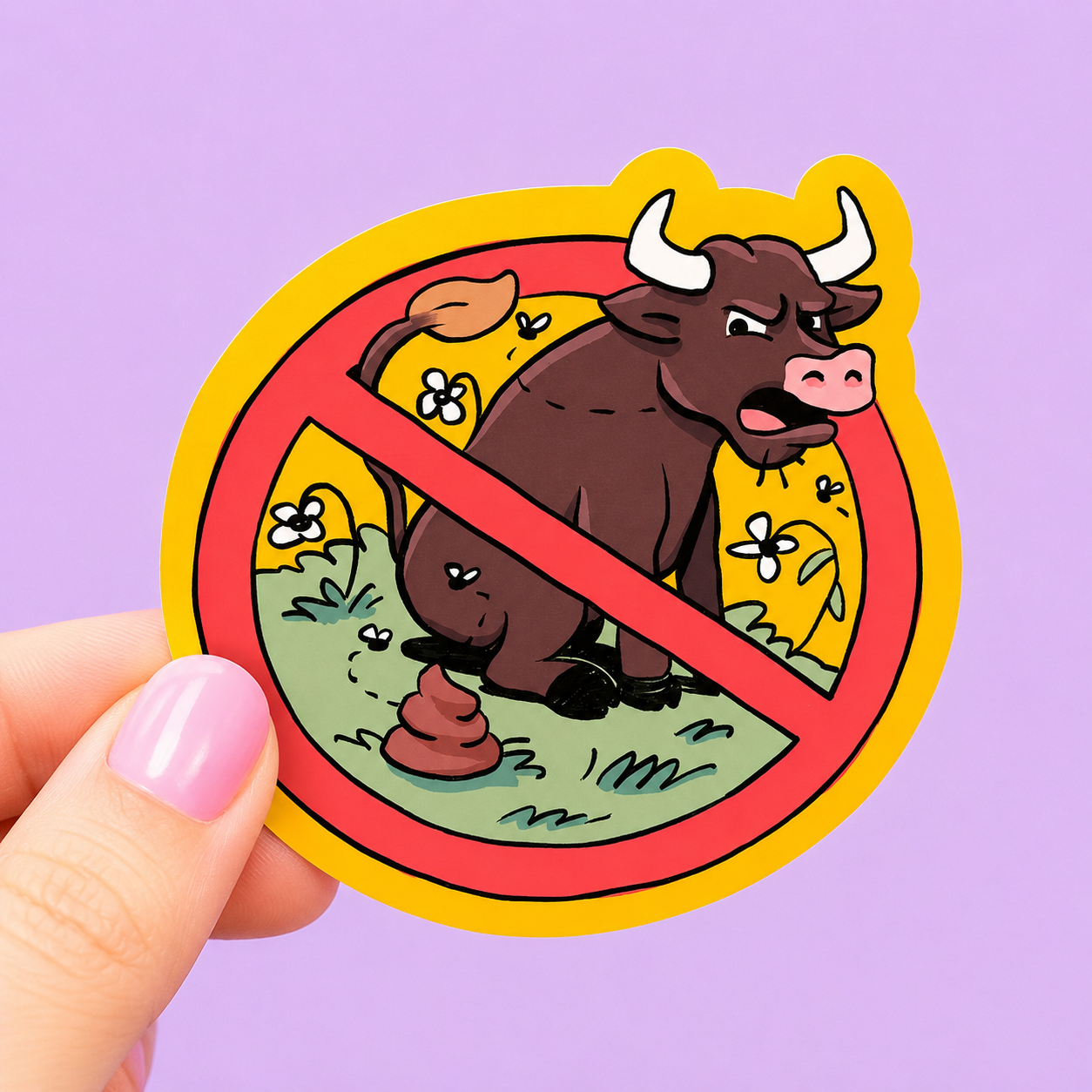 Sleazy Greetings funny die-cut vinyl sticker featuring an angry cartoon bull inside a red prohibition symbol beside a pile of poop. Silly anti-bullshit sticker with chaotic humor, bold cartoon artwork, and sarcastic no-nonsense aesthetic.