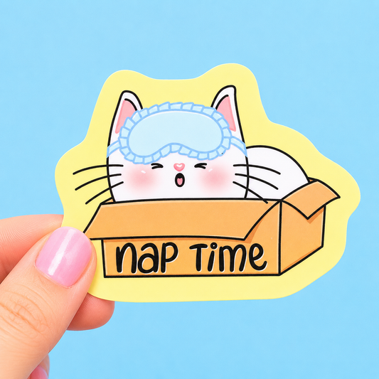 Sleazy Greetings cute die-cut vinyl sticker featuring a sleepy cat tucked into a cardboard box beside the phrase ‘Nap Time.’ Cozy kawaii-style sticker with adorable cat artwork, soft pastel vibes, and relatable exhausted gremlin energy.