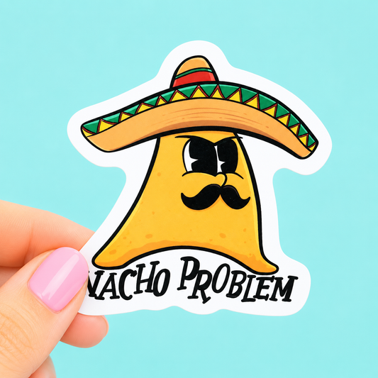 Sleazy Greetings funny die-cut vinyl sticker featuring a smug tortilla chip wearing a sombrero and mustache beside the phrase ‘Nacho Problem.’ Cute food pun sticker with playful cartoon artwork, goofy taco-night humor, and chaotic snack energy.