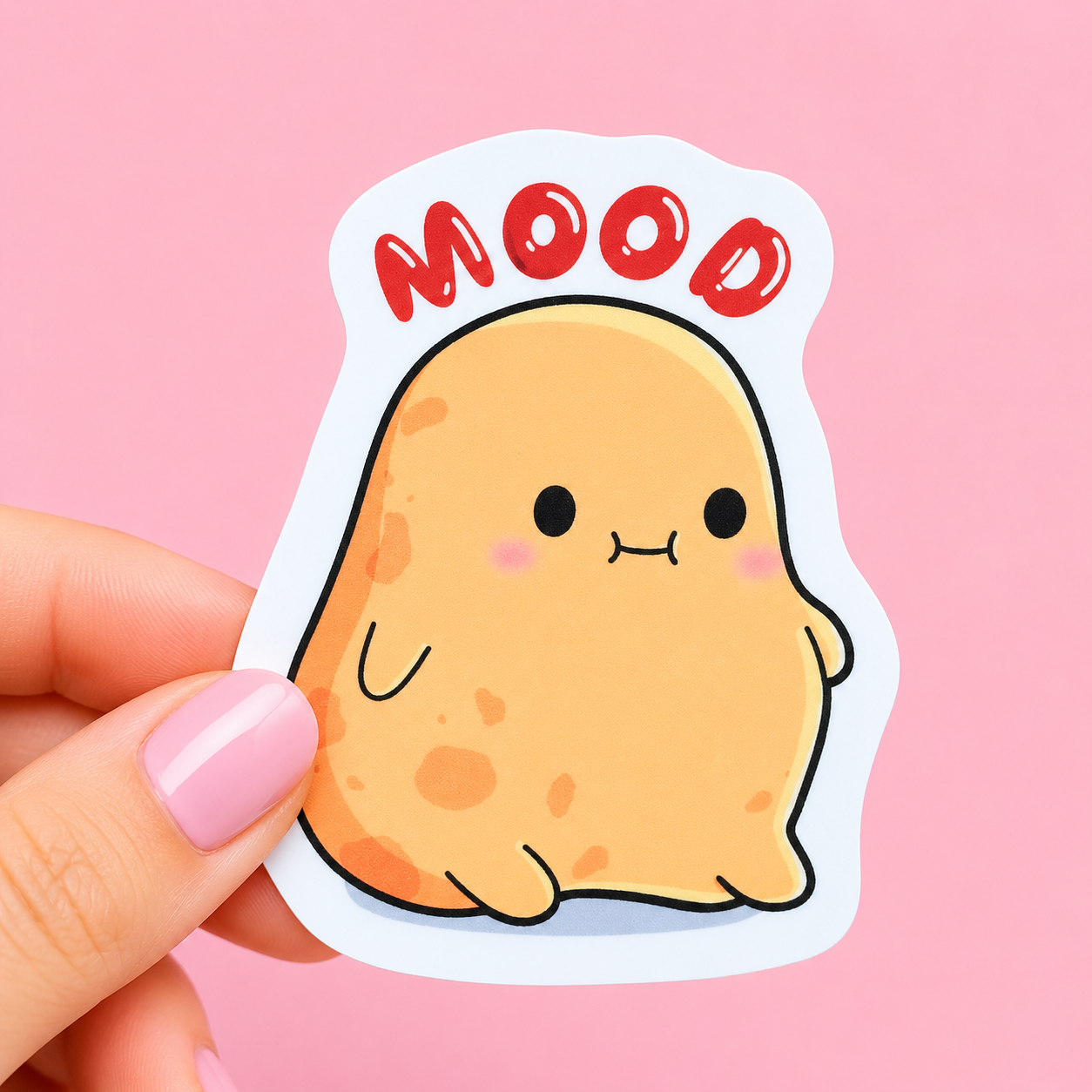 Sleazy Greetings cute die-cut vinyl sticker featuring an adorable little potato ghost beside the phrase ‘Mood.’ Minimalist kawaii-style sticker with cozy chaotic energy, soft pastel artwork, and permanently emotionally exhausted gremlin vibes.