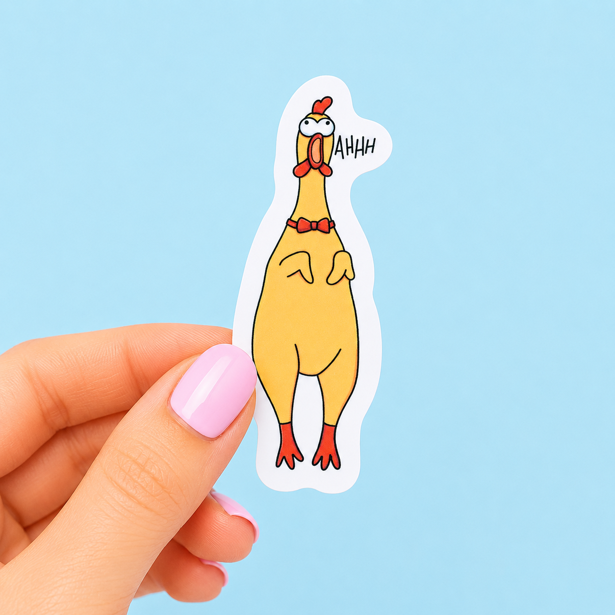 Sleazy Greetings funny die-cut vinyl sticker featuring a screaming rubber chicken with the phrase ‘AHHH.’ Absurd chaotic sticker with goofy panic energy, minimalist cartoon artwork, and aggressively overstimulated gremlin vibes.