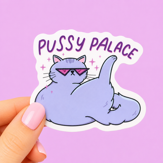 Sleazy Greetings funny die-cut vinyl sticker featuring a chunky glamorous cat wearing tiny sunglasses beside the phrase ‘Pussy Palace.’ Cute chaotic cat sticker with sassy pastel artwork, unapologetically fabulous energy, and aggressively spoiled gremlin vibes.