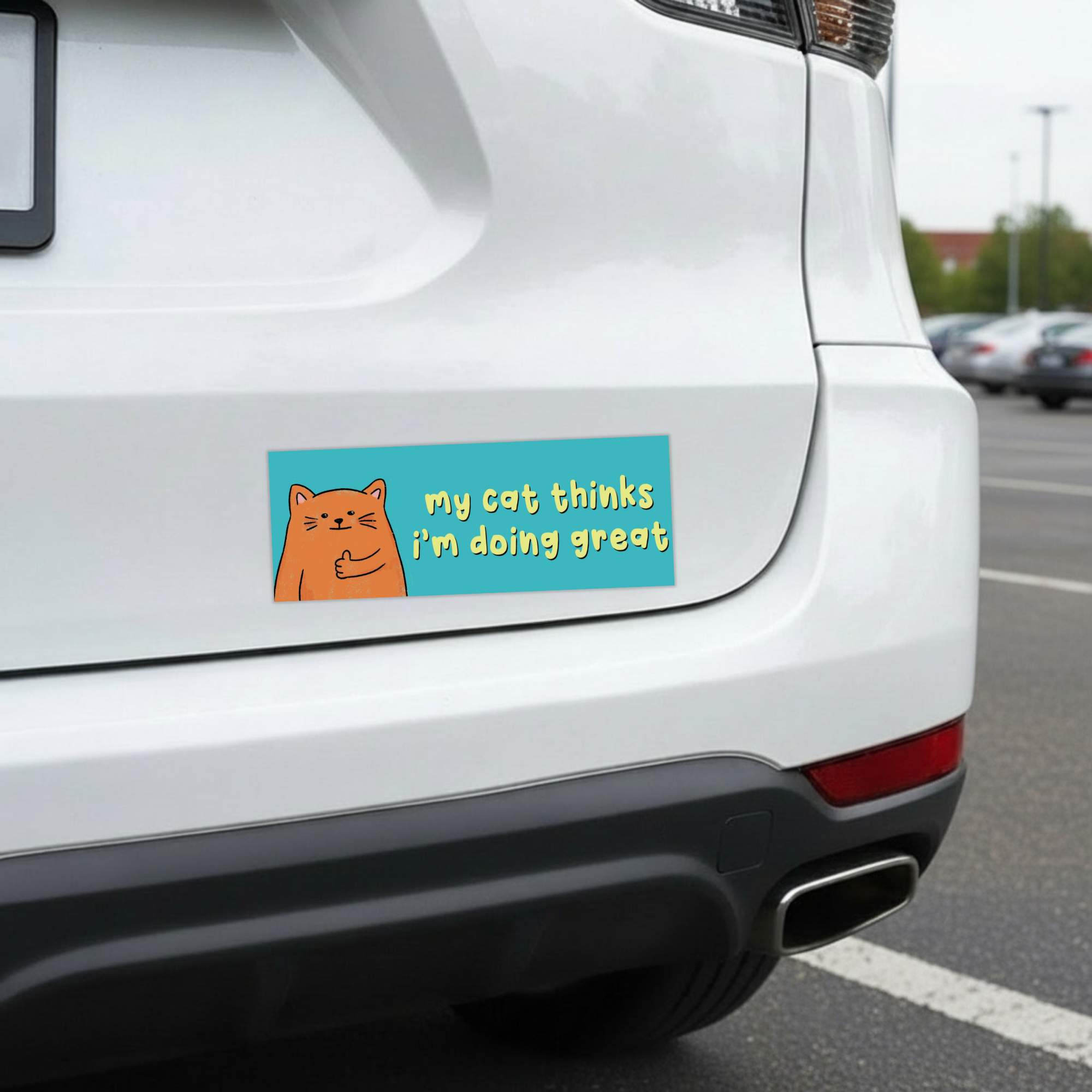 Sleazy Greetings funny bumper magnet displayed on the back of a white car featuring the phrase ‘My Cat Thinks I’m Doing Great’ alongside a cute orange cartoon cat giving a thumbs up on a teal background. Humorous novelty car magnet with playful pet-owner humor and whimsical illustrated design shown in real-life automotive use.
