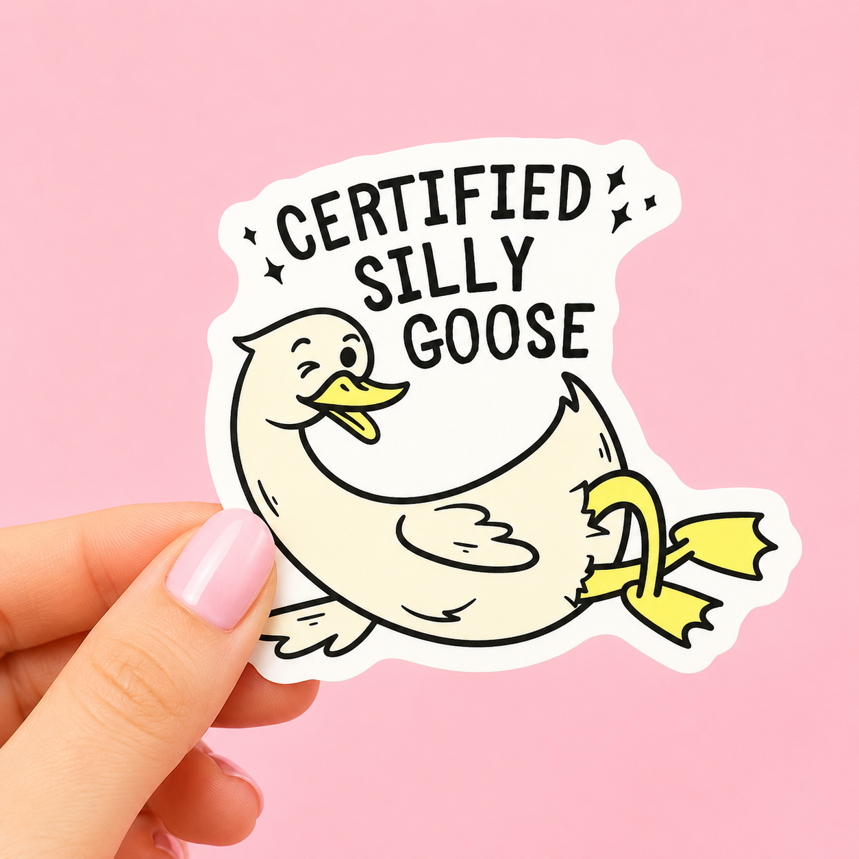 Sleazy Greetings funny die-cut vinyl sticker featuring a goofy lounging goose beside the phrase ‘Certified Silly Goose.’ Cute chaotic bird sticker with playful cartoon artwork, wholesome meme humor, and proudly unhinged goose energy.