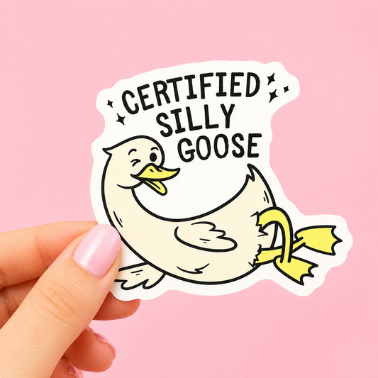 Sleazy Greetings funny die-cut vinyl sticker featuring a goofy lounging goose beside the phrase ‘Certified Silly Goose.’ Cute chaotic bird sticker with playful cartoon artwork, wholesome meme humor, and proudly unhinged goose energy.