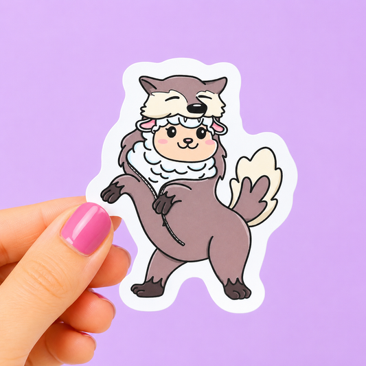 Sleazy Greetings cute die-cut vinyl sticker featuring an adorable alpaca dressed in a wolf costume. Whimsical kawaii animal sticker with cozy soft-color artwork, playful dress-up vibes, and chaotic “cute but suspicious” energy.