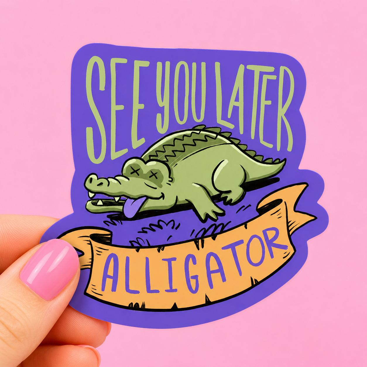 Sleazy Greetings funny die-cut vinyl sticker featuring a deadpan cartoon alligator beside the phrase ‘See You Later Alligator.’ Cute swamp-inspired sticker with playful pun humor, quirky reptile artwork, and chaotic wholesome energy.