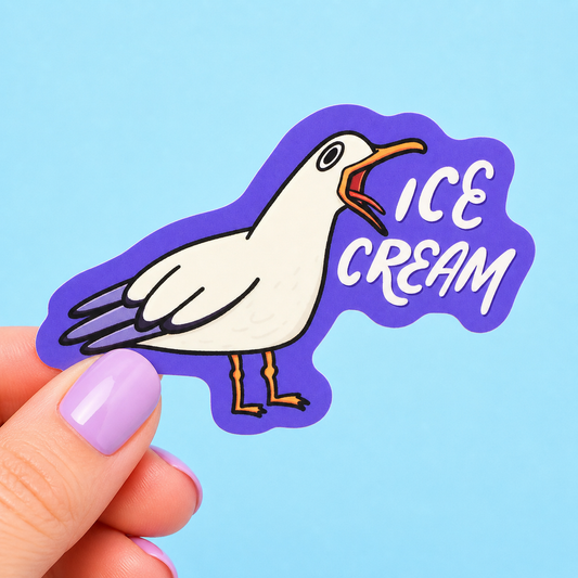Sleazy Greetings funny die-cut vinyl sticker featuring a screaming seagull beside the phrase ‘Ice Cream.’ Absurd bird pun sticker with chaotic screeching energy, minimalist cartoon artwork, and aggressively silly beach-day humor.