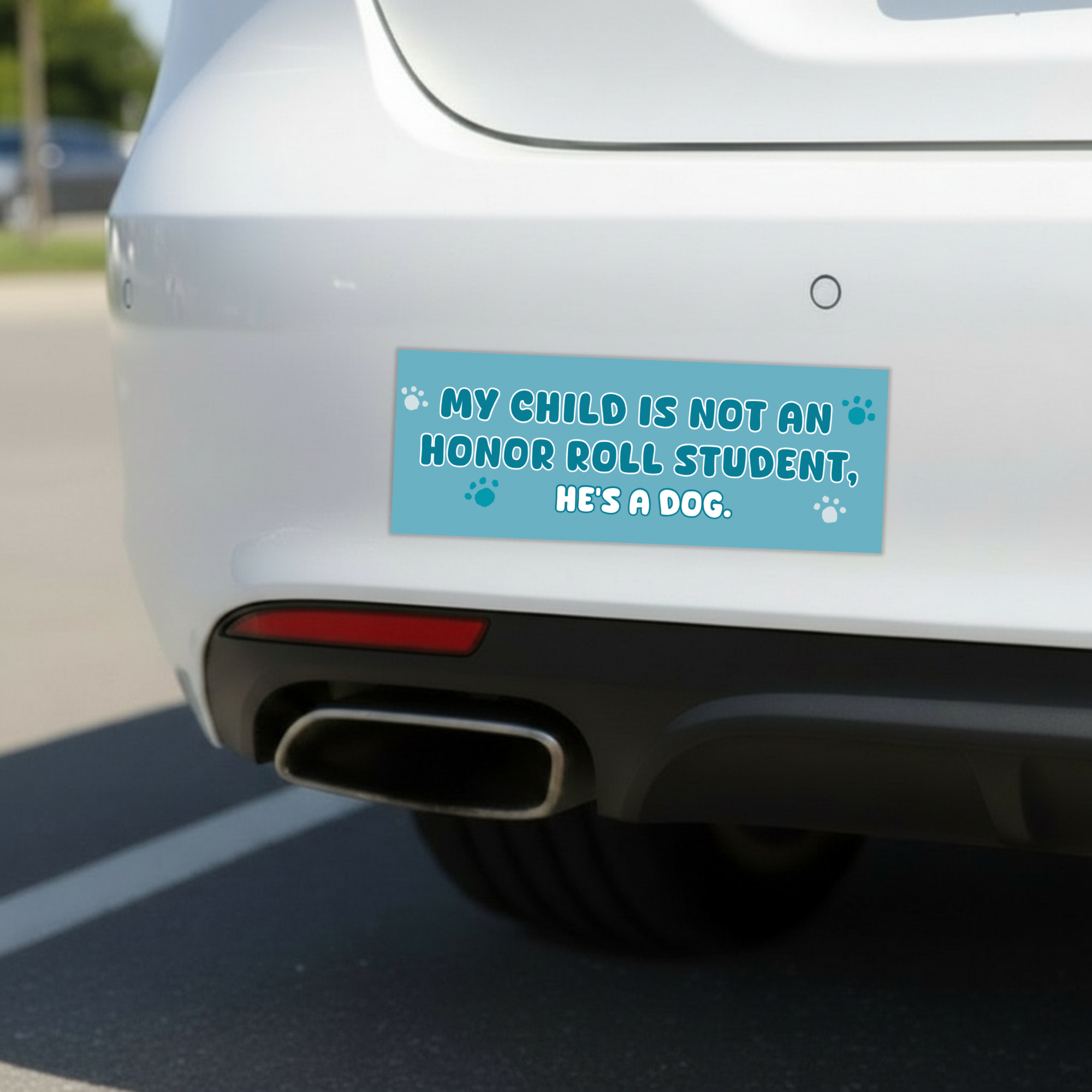 Sleazy Greetings funny bumper magnet displayed on the back of a white car, featuring the phrase ‘My Child Is Not An Honor Roll Student, He’s A Dog’ in playful white typography on a turquoise blue background with paw print accents. Humorous dog lover car magnet with cute pet-themed artwork and sarcastic parent humor aesthetic.
