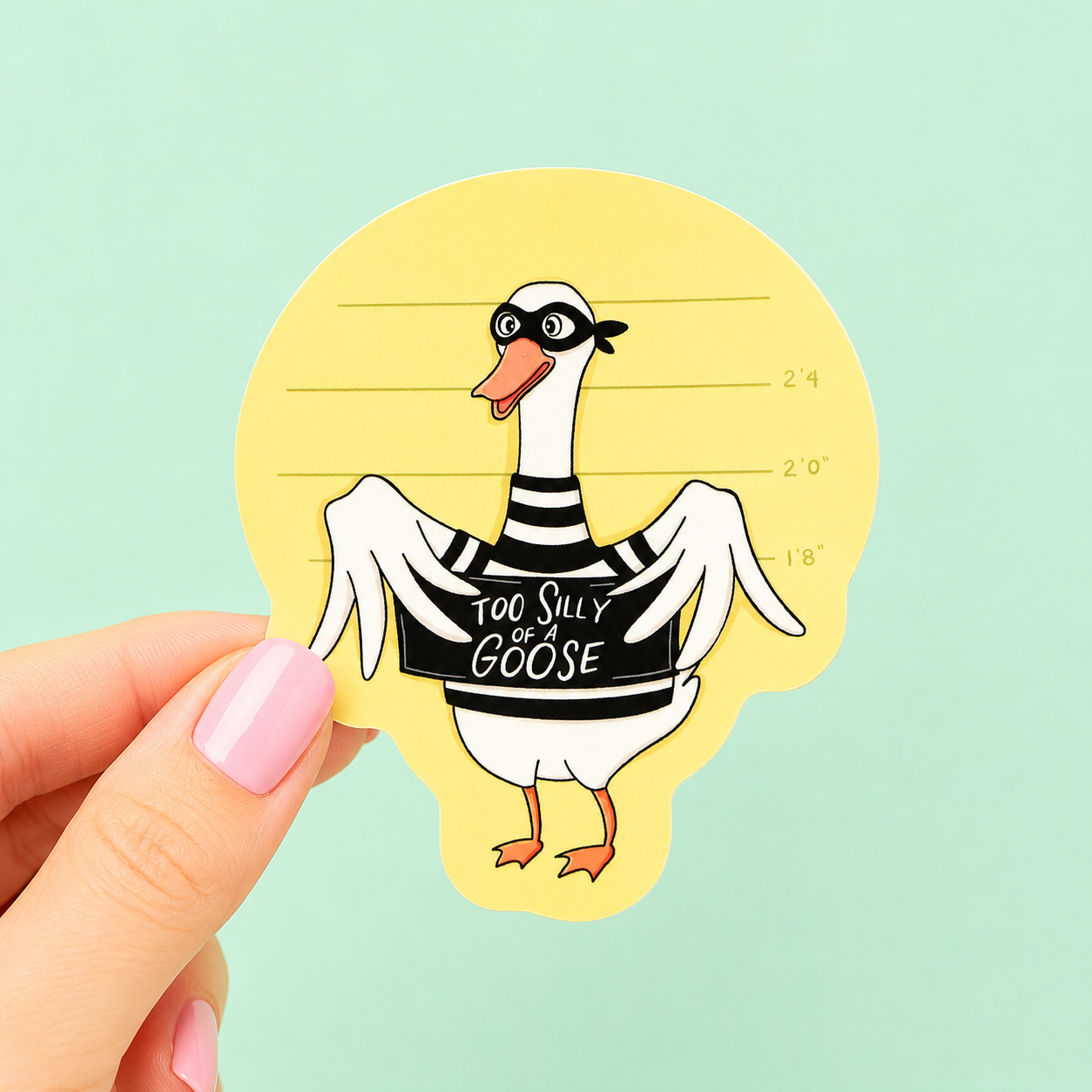 Sleazy Greetings funny die-cut vinyl sticker featuring a goose in a prison mugshot lineup wearing a striped inmate outfit beside the phrase ‘Too Silly of a Goose.’ Cute chaotic bird sticker with playful criminal humor, wholesome meme energy, and retro cartoon jail vibes.