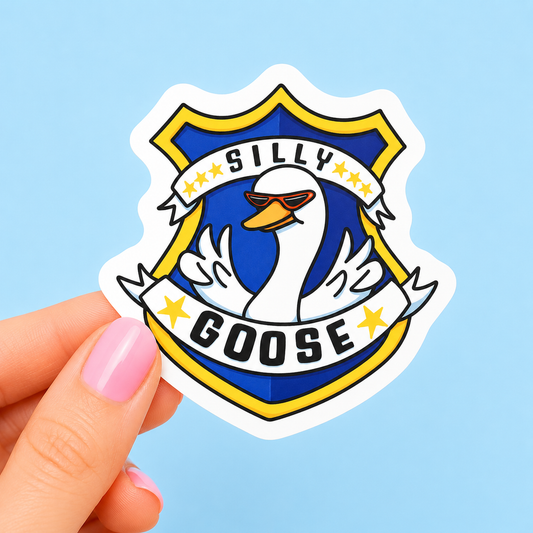 Sleazy Greetings funny die-cut vinyl sticker featuring a cool goose wearing sunglasses inside a police-style badge that says ‘Silly Goose.’ Cute chaotic goose sticker with playful lawless energy, bold cartoon artwork, and officially certified gremlin vibes.
