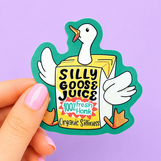 Sleazy Greetings funny die-cut vinyl sticker featuring a goose bursting out of a juice box labeled ‘Silly Goose Juice.’ Cute chaotic goose sticker with absurd beverage humor, playful retro-style artwork, and 100% fresh honk-powered gremlin energy.