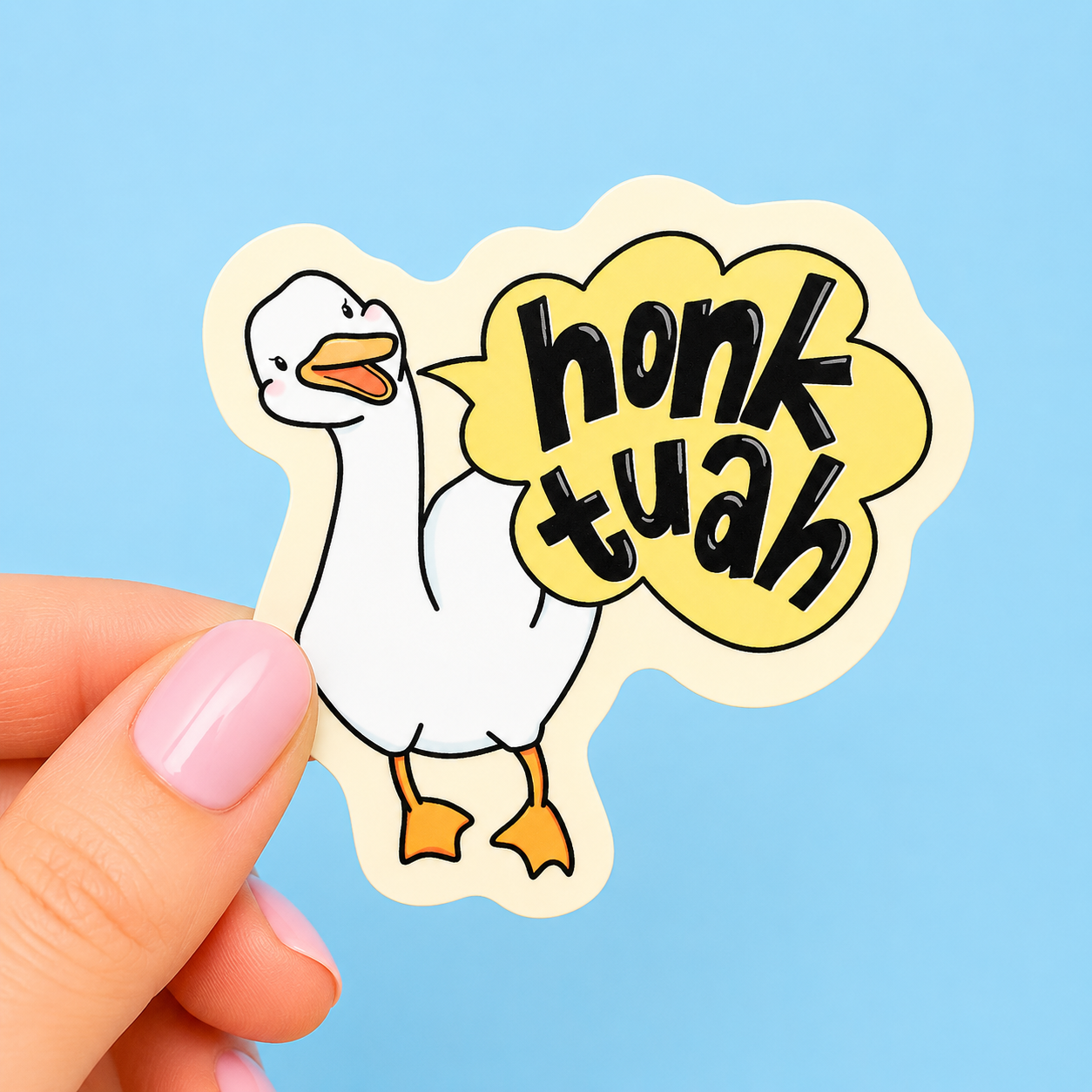 Sleazy Greetings funny die-cut vinyl sticker featuring a sassy goose yelling ‘Honk Tuah’ in a speech bubble. Chaotic meme-inspired bird sticker with absurd internet humor, playful cartoon artwork, and aggressively unhinged goose energy.