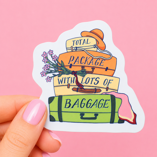 Sleazy Greetings funny die-cut vinyl sticker featuring a stack of vintage suitcases beside the phrase ‘Total Package with Lots of Baggage.’ Cute retro-inspired sticker with relatable emotional baggage humor, cozy travel aesthetic, and chaotic self-aware energy.