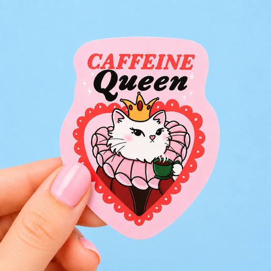 Sleazy Greetings funny die-cut vinyl sticker featuring a judgmental royal cat holding coffee beside the phrase ‘Caffeine Queen.’ Chaotic coffee-lover sticker with playful pastel artwork, aggressively over-caffeinated energy, and glamorous little gremlin vibes.