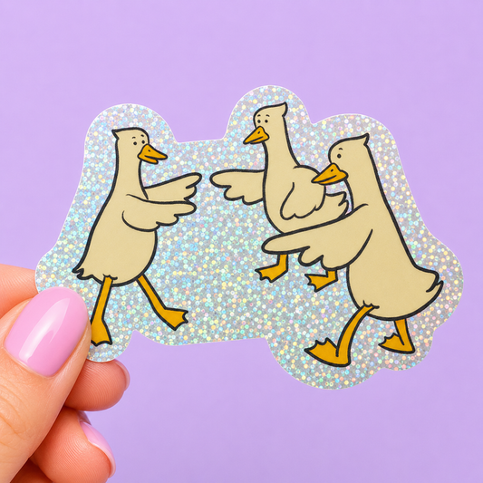 Sleazy Greetings holographic vinyl sticker featuring three dancing geese with playful cartoon artwork on a glittery iridescent background. Cute silly goose sticker with whimsical animal aesthetic and fun chaotic energy.