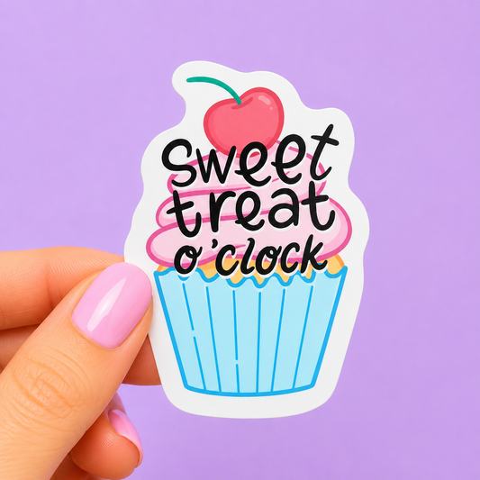 Sleazy Greetings cute die-cut vinyl sticker featuring a pastel cupcake topped with a cherry beside the phrase ‘Sweet Treat O’Clock.’ Playful dessert sticker with sugary snack-goblin energy, colorful kawaii artwork, and aggressively cozy sweet-tooth vibes.