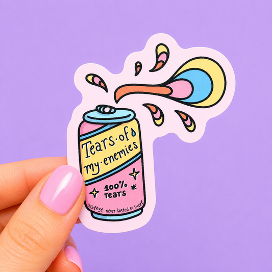 Sleazy Greetings funny die-cut vinyl sticker featuring a colorful soda can labeled ‘Tears of My Enemies’ exploding into a rainbow splash. Cute sarcastic sticker with playful retro drink-can artwork, chaotic positivity vibes, and silly meme humor.