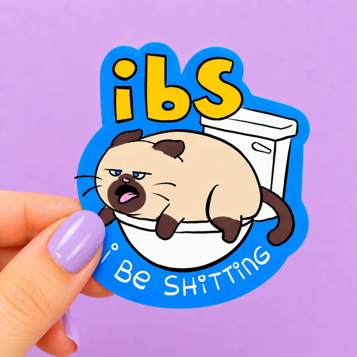 Sleazy Greetings funny die-cut vinyl sticker featuring an exhausted grumpy cat sprawled across a toilet beside the phrase ‘IBS – I Be Shitting.’ Chaotic bathroom humor sticker with relatable digestive meme energy, cute cartoon artwork, and bold playful colors.