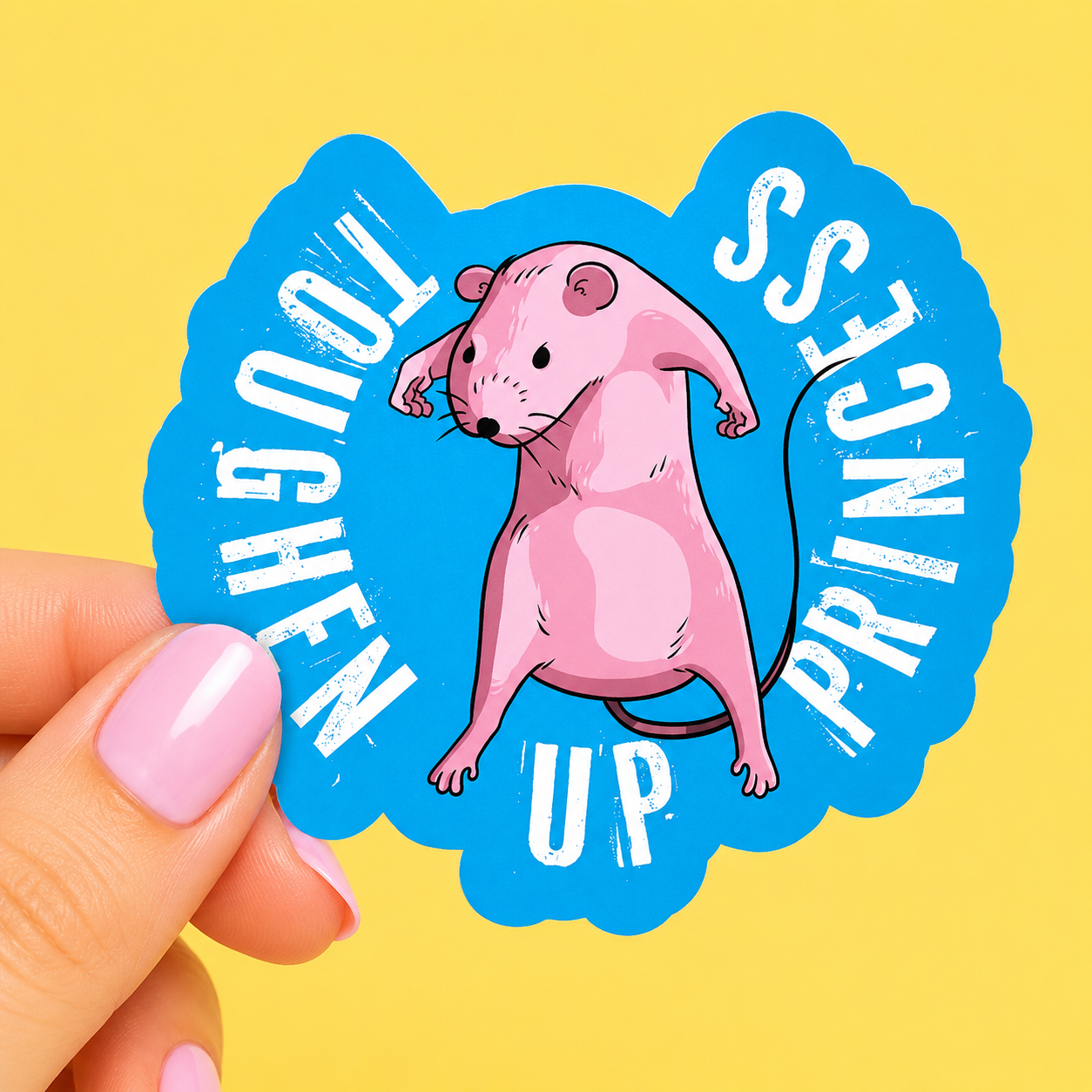 Sleazy Greetings funny die-cut vinyl sticker featuring a buff pink mouse flexing beside the phrase ‘School of Engineering.’ Nerdy STEM humor sticker with absurd muscle-mouse artwork, bold distressed lettering, and playful academic parody aesthetic.