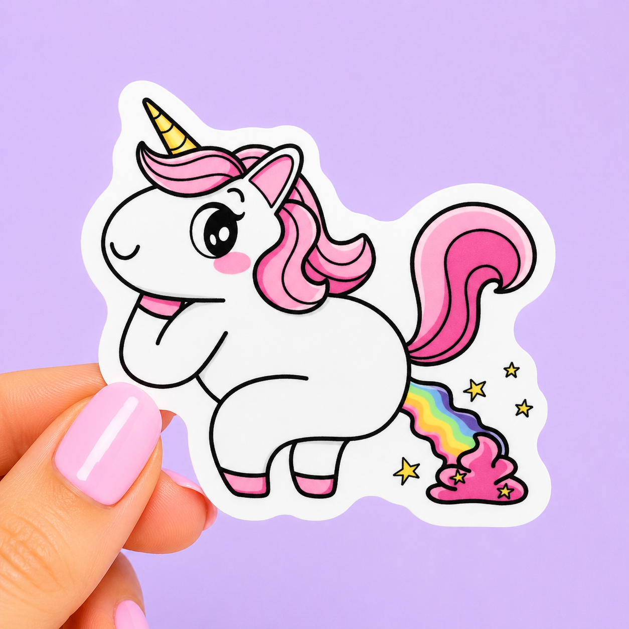 Sleazy Greetings funny die-cut vinyl sticker featuring a cute pink-haired unicorn pooping a rainbow. Adorable chaotic sticker with kawaii cartoon artwork, magical gross-out humor, pastel colors, and unhinged sparkle-filled energy.