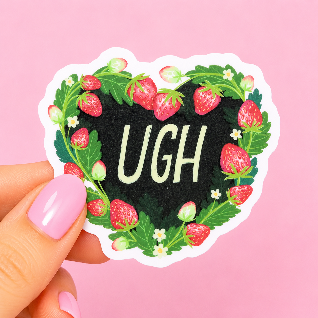 Sleazy Greetings funny die-cut vinyl sticker featuring a strawberry wreath surrounding the word ‘UGH.’ Cute cottagecore-inspired sticker with exhausted mood humor, soft botanical artwork, and relatable burnt-out vibes.