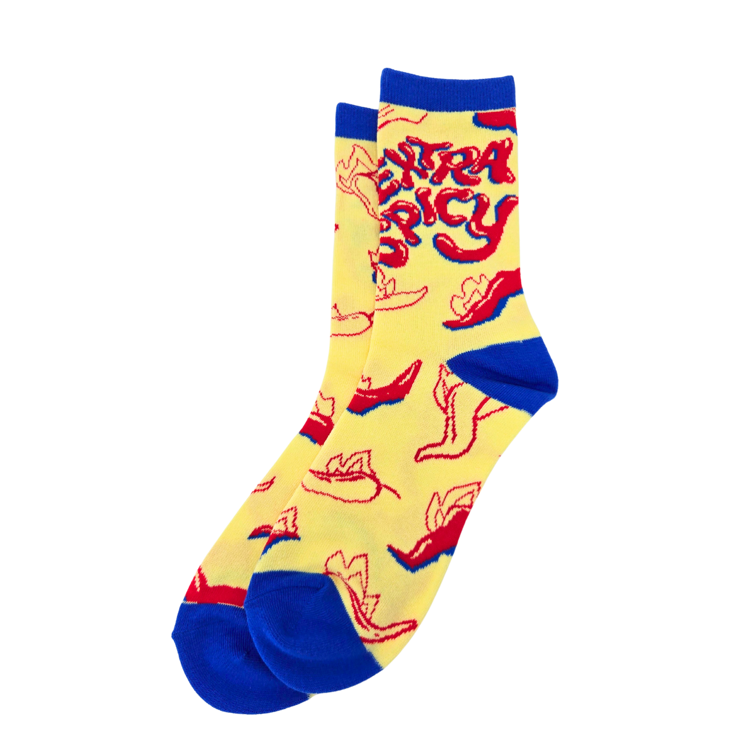 Sleazy Greetings novelty crew socks featuring a spicy hot pepper pattern with bold red and blue accents on a bright yellow background and playful ‘Extra Spicy’ typography. Funny food-themed crew socks with vibrant retro-inspired colors and quirky statement style.