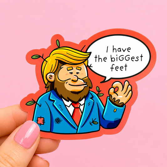 Sleazy Greetings funny die-cut vinyl sticker featuring a Bigfoot parody of a famous politician saying ‘I Have the Biggest Feet.’ Satirical cryptid humor sticker with cartoon political parody artwork, goofy expression, and playful absurd aesthetic.