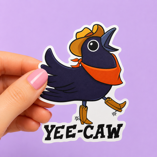 Sleazy Greetings funny die-cut vinyl sticker featuring a cowboy crow illustration wearing a hat, bandana, and boots beside the phrase ‘Yee-Caw.’ Cute western-inspired bird sticker with playful cartoon artwork and whimsical country aesthetic.
