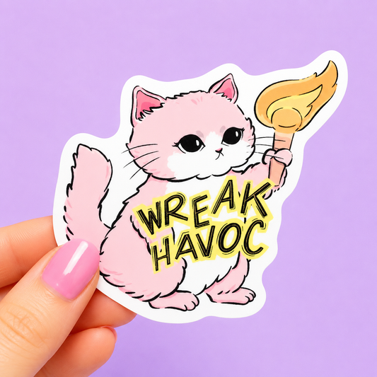 Sleazy Greetings cute die-cut vinyl sticker featuring a fluffy pink kitten holding a flaming torch beside the phrase ‘Wreak Havoc.’ Adorable chaotic cat sticker with soft pastel artwork, gremlin energy, and cute-but-destructive menace vibes.
