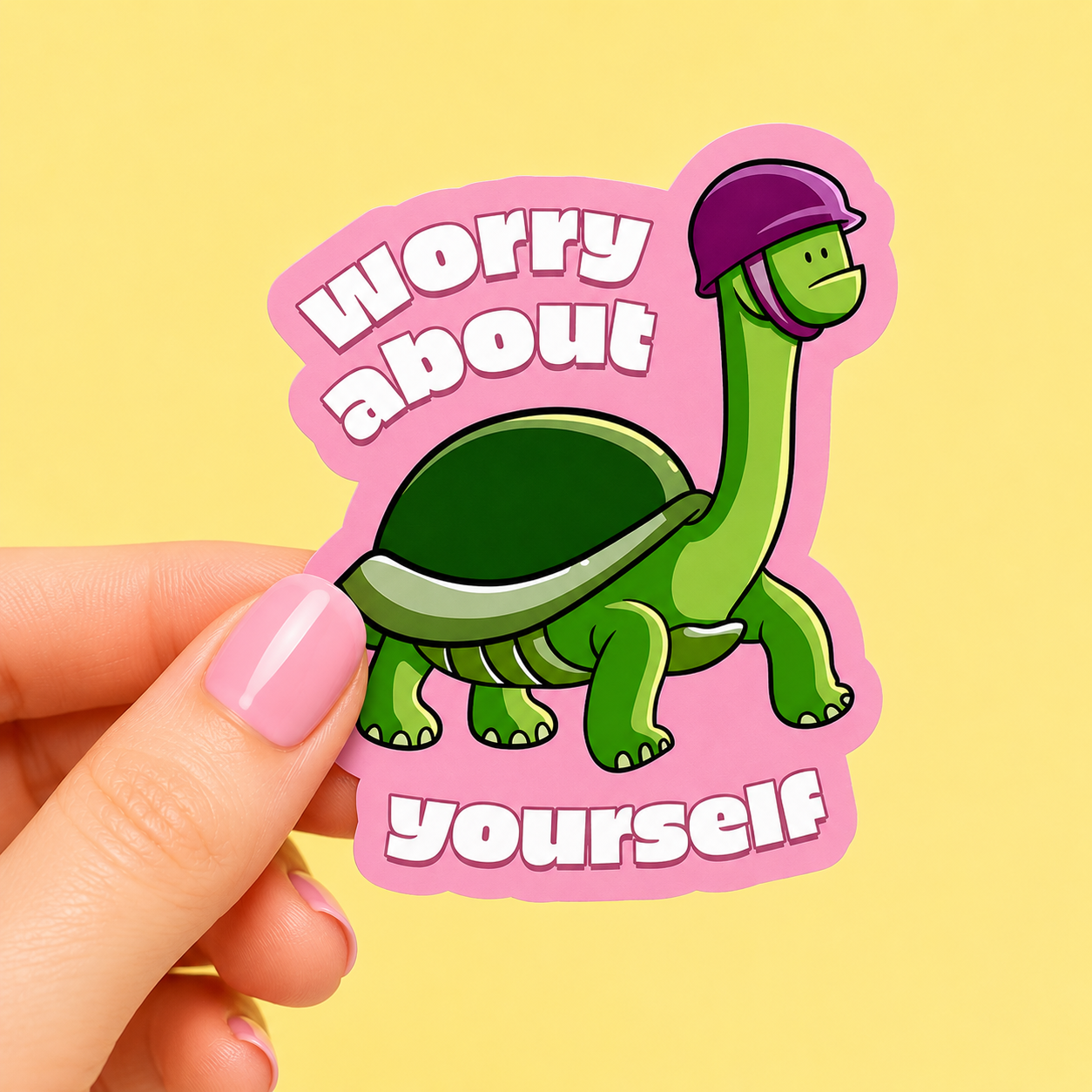 Sleazy Greetings funny die-cut vinyl sticker featuring a serious cartoon turtle wearing a military helmet beside the phrase ‘Worry About Yourself.’ Cute animal attitude sticker with playful tough-guy humor, pastel pink background, and bold cartoon aesthetic.