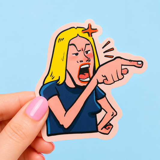 Sleazy Greetings funny die-cut vinyl sticker featuring an angry cartoon woman yelling and pointing dramatically. Expressive reaction sticker with chaotic energy, exaggerated comic-style artwork, and relatable frustrated mood aesthetic.