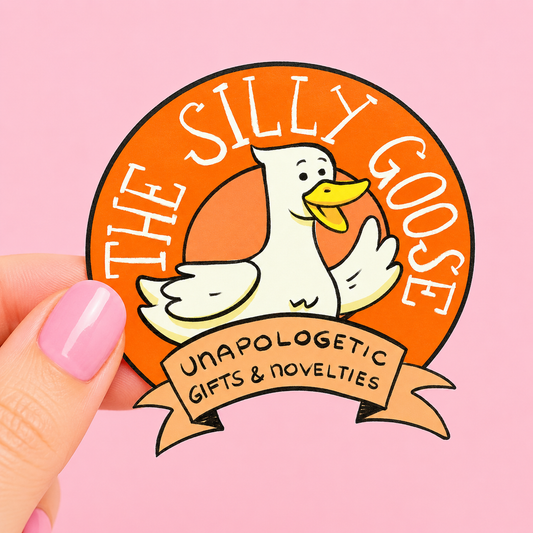 Silly Goose Unapologetic Gifts & Novelties logo sticker featuring a cheerful cartoon goose inside a retro badge design with warm vintage-inspired colors. Playful brand mascot sticker with wholesome silly goose energy and quirky gift shop aesthetic.